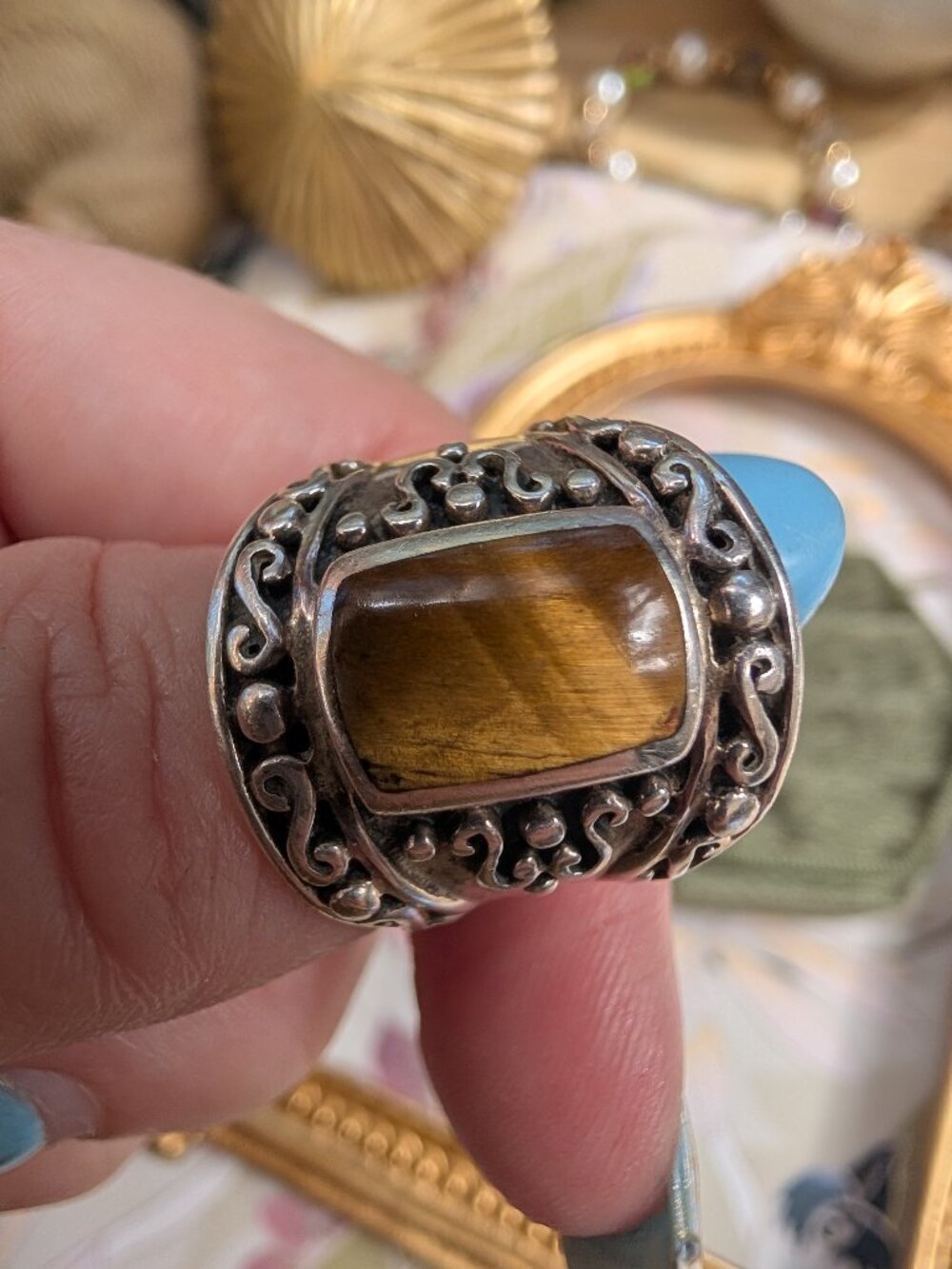 Vintage Tiger's Eye Sterling Silver Ring with Engraved Band
